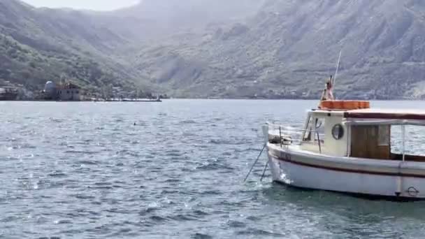 Tourist Boat Sways Sea Waves Shore High Quality Footage — Stockvideo