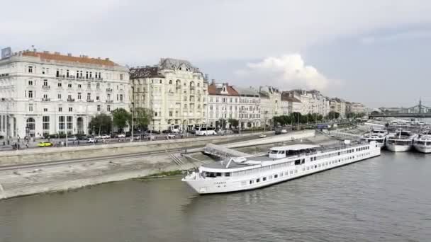 Пороми Біля Пірсу Тлі Моста Свободи Будапешті Угорщина Кадри Високої — стокове відео