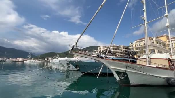 Zeilboten Pier Buurt Van Dure Hotels Porto Montenegro Hoge Kwaliteit — Stockvideo