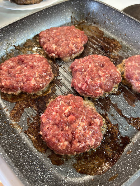 Red hamburger cutlets fry in a frying pan. High quality photo