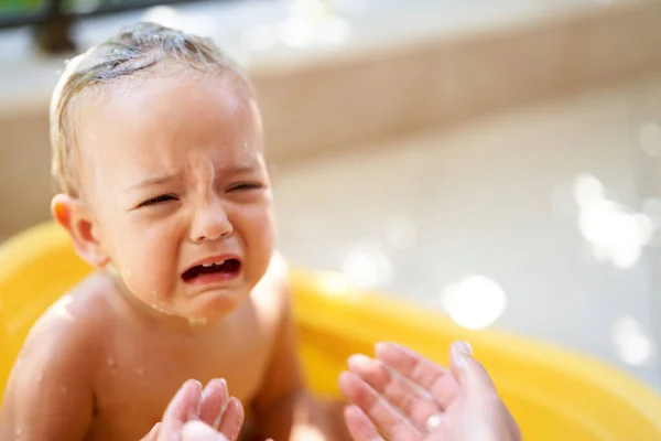 Little Girl Crying Bowl Water High Quality Photo Stok Foto Bebas Royalti