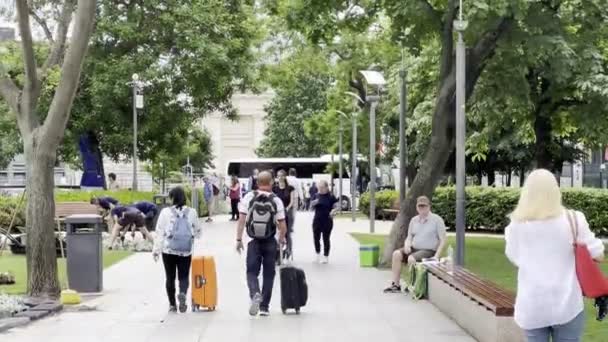 Tekerlekli Bavullarla Parkta Yürüyen Bir Adam Kadın Yüksek Kalite Görüntü — Stok video