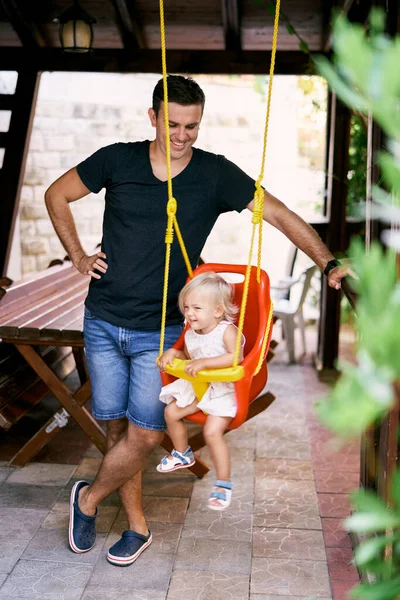 Smiling Dad Stands Little Girl Swing Wooden Gazebo High Quality — Stok Foto