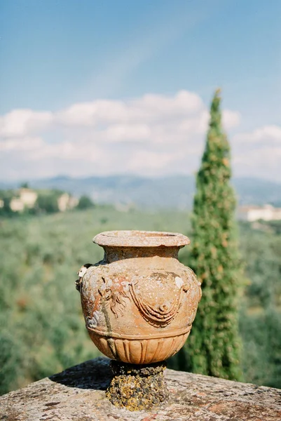 Clay Amphora Stone Fence Garden Florence Italy High Quality Photo — Fotografia de Stock