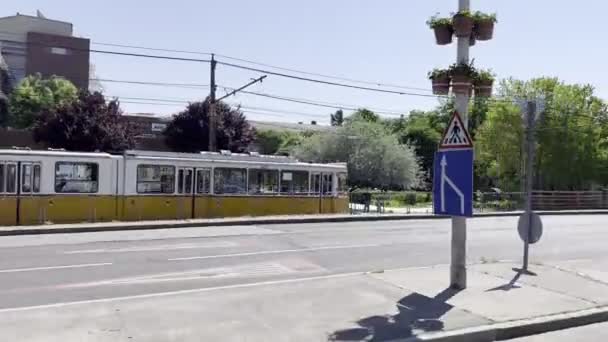 Yellow Tram Rides Track Budapest Hungary High Quality Footage — Stockvideo