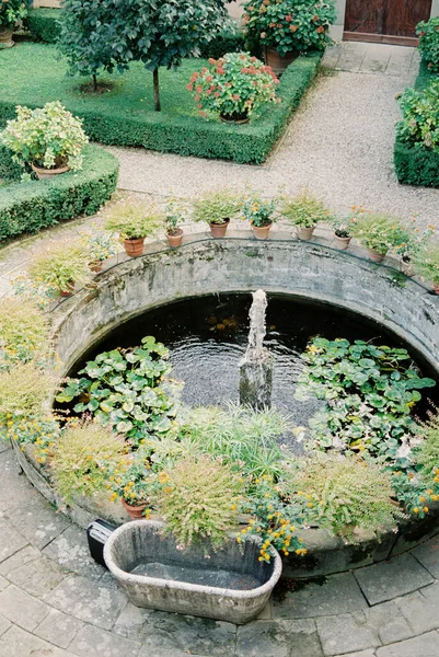 Pool Fountain Garden Surrounded Flower Pots High Quality Photo — Fotografia de Stock