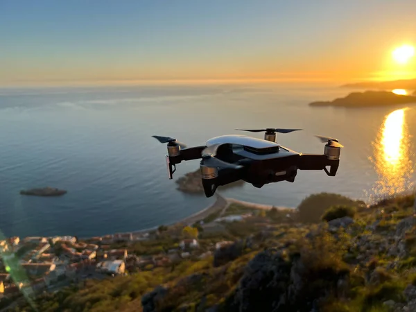 Drone Flies Shoot Island Sveti Stefan Sunset High Quality Photo — стоковое фото