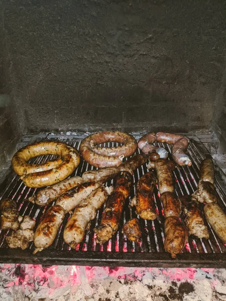 Different Sausages Fried Grate Oven High Quality Photo —  Fotos de Stock