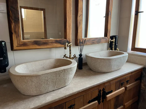 Bronze Faucets Stone Wash Basins Bathroom High Quality Photo — стоковое фото