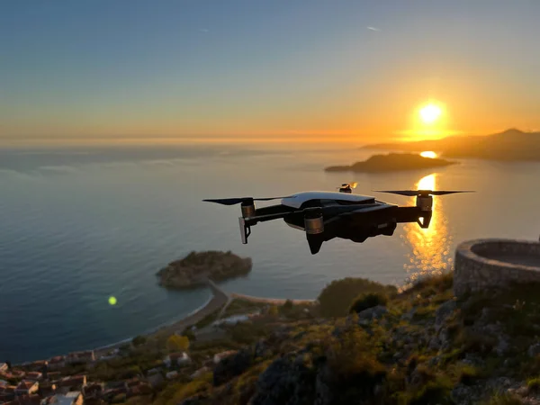 Drone Shoots Island Sveti Stefan Sunset High Quality Photo — Zdjęcie stockowe