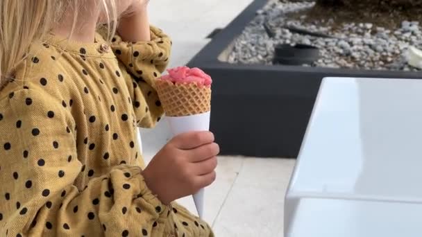 Little Girl Eating Ice Cream Wooden Spoon High Quality Fullhd — Vídeos de Stock