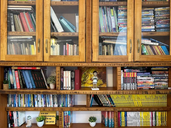 Planken Met Boeken Een Houten Kast Met Glazen Deuren Hoge — Stockfoto