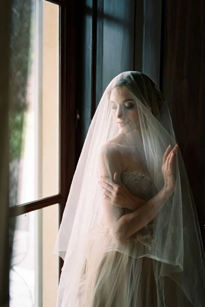 Bride Veil Stands Window Old Villa Como Italy High Quality — Φωτογραφία Αρχείου