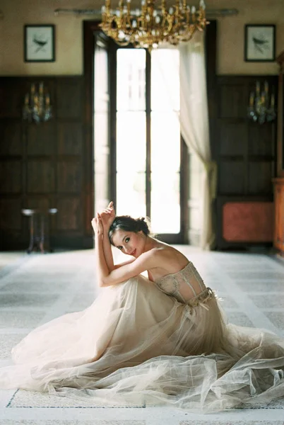 Bride Dress Sits Floor Window Old Villa High Quality Photo —  Fotos de Stock