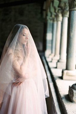 Bride in a veil stands on the terrace near the columns. High quality photo