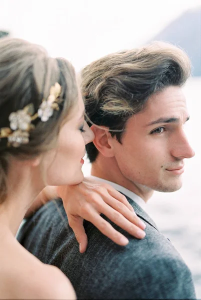 Bride Put Her Hand Groom Shoulder Portrait High Quality Photo — Stock Fotó