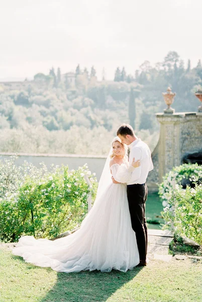 Bride Groom Stand Hugging Lawn Stone Wall High Quality Photo Zdjęcia Stockowe bez tantiem