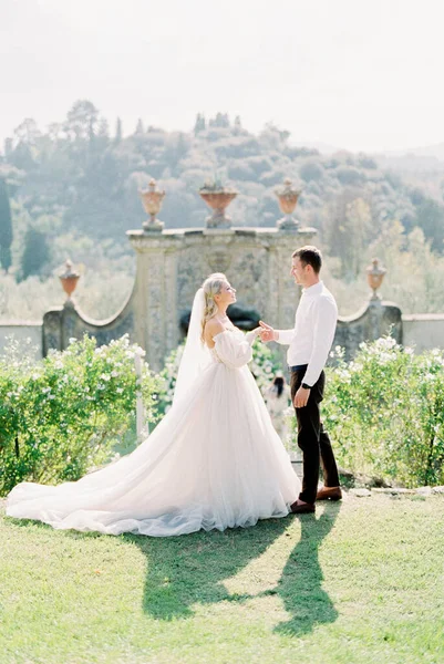 Bride Groom Stand Holding Hands Lawn Stone Wall Decorative Vases — Fotografia de Stock