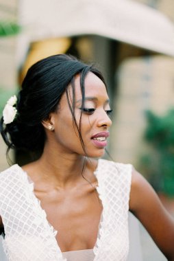Profile of a bride in a white dress. Portrait. High quality photo