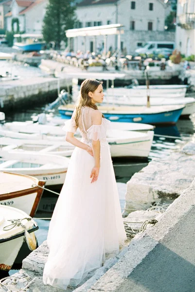 Bride White Dress Stands Pier Perast Back View High Quality — стокове фото