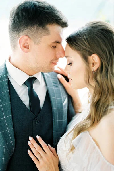 Groom Touches Bride Forehead His Nose Portrait High Quality Photo — стоковое фото