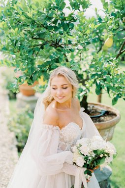Bride in a white dress stands near a tree in a tub in the garden. High quality photo
