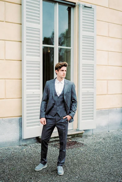 Man Suit Stands Large Window Shutters Old Villa Como Italy — Foto de Stock