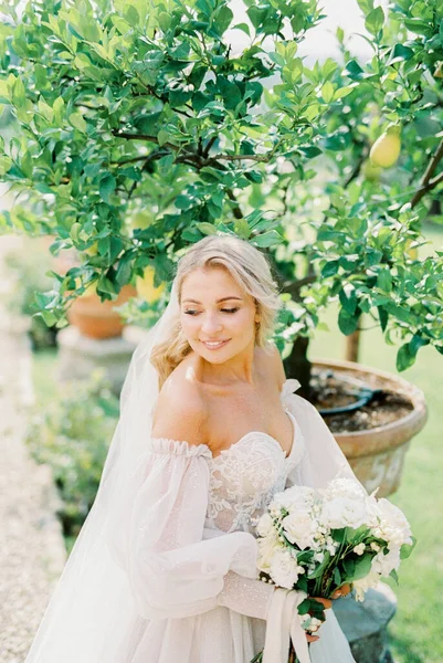 Bride White Dress Stands Tree Tub Garden High Quality Photo — Stockfoto