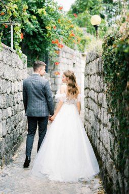 Bride and groom walk holding hands between stone walls in a green garden. High quality photo