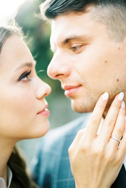 Woman Touches Man Face Her Hand Close High Quality Photo — стоковое фото