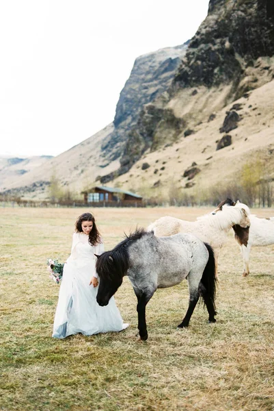 Bride Bouquet Stands Horse Pasture High Quality Photo — Photo