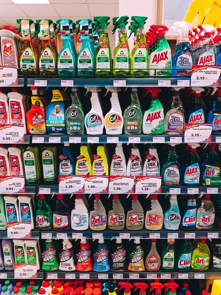 Different Household Detergents Shelves Supermarket High Quality Photo — Fotografia de Stock