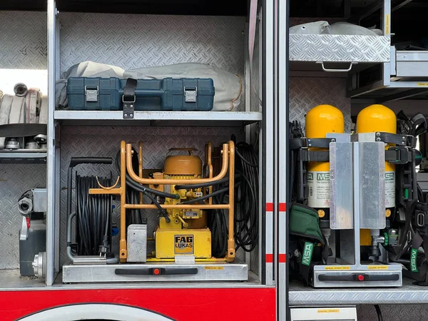 Equipment Extinguishing Fires Fire Engine Close High Quality Photo — Stock fotografie