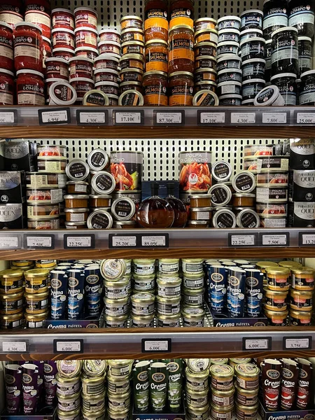Jars Canned Fish Caviar Shelves Supermarket High Quality Photo — Photo