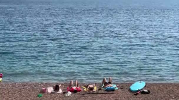 Family Sunbathing Seashore Surfboard Lying Nearby High Quality Footage — Stock videók