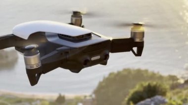 Four-engine copter filming the Sveti Stefan island from the air. High quality 4k footage