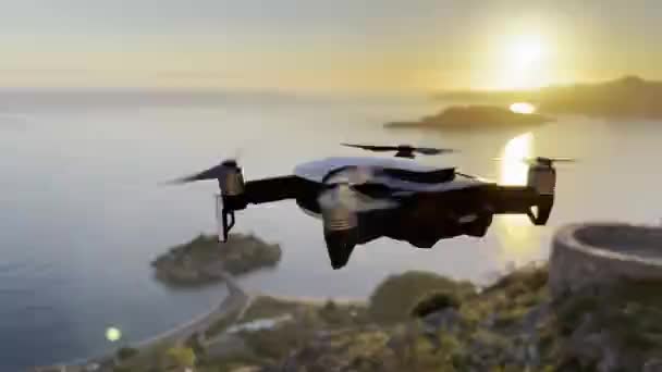 Drone Rotating Propellers Takes Pictures Kotor Bay Sunset High Quality — Videoclip de stoc