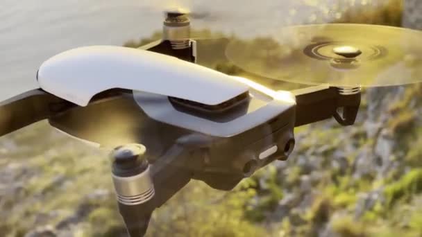 Four Engine Drone Spinning Propellers Filming High Quality Footage — Stok video