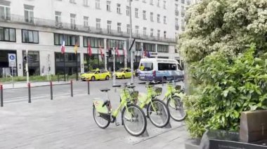 Commercial bicycle parking on the street of Budapest. Hungary. High quality 4k footage
