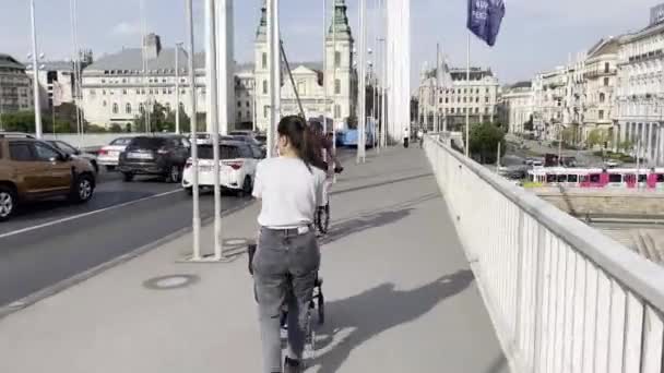 Mom Carrying Baby Stroller Elizabeth Bridge Budapest Hungary High Quality — Stockvideo