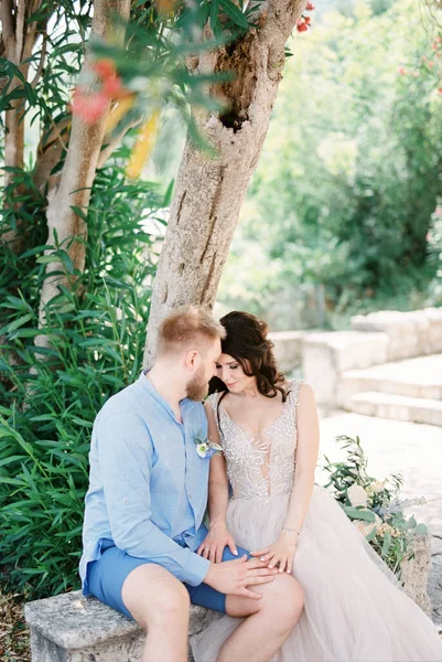 Bride Groom Sit Leaning Foreheads Garden Tree High Quality Photo — Stock fotografie