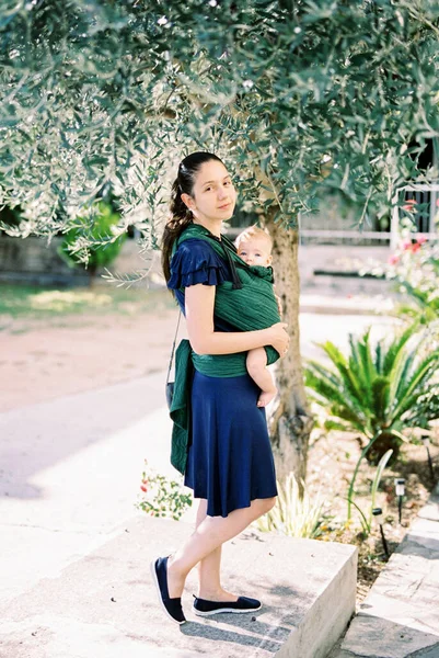 Mom Baby Sling Stands Olive Tree High Quality Photo — Foto Stock