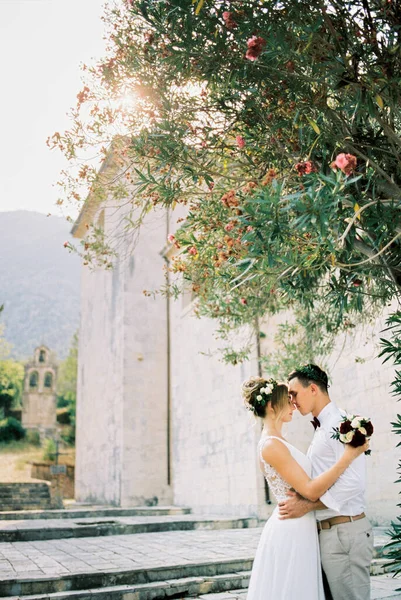 Groom Hugs Bride Flowering Tree Stone Building High Quality Photo — Stockfoto