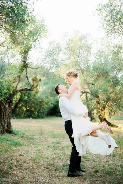 Groom lifts bride in his arms in the olive grove. High quality photo