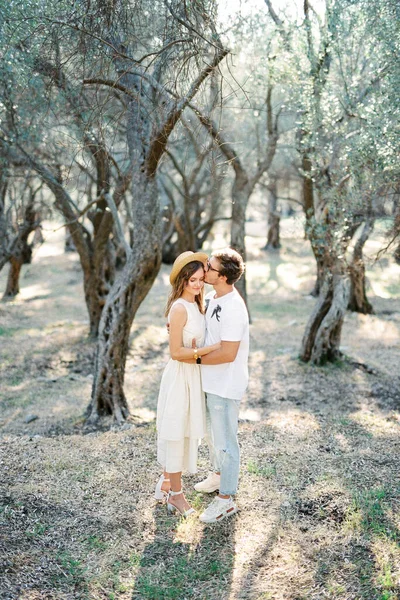 Man hugs and kisses woman on the forehead while standing in an olive grove. High quality photo