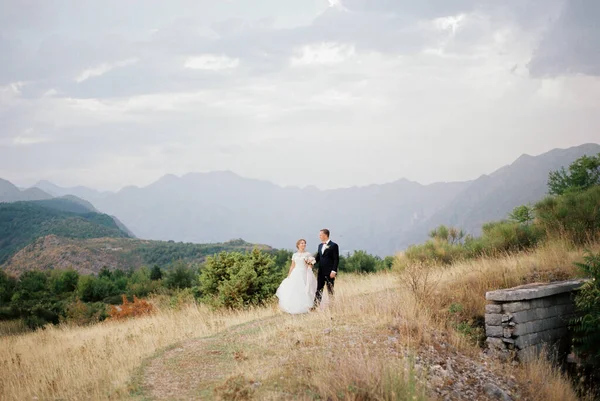 Bride Groom Holding Hands Walk Dirt Road Mountains High Quality — 스톡 사진