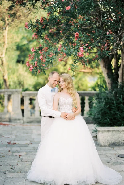 Groom hugs bride standing under a tree with pink flowers in the garden. High quality photo