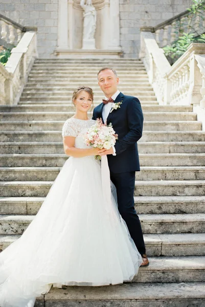 Groom Bride White Dress Stand Stone Steps High Quality Photo — Photo
