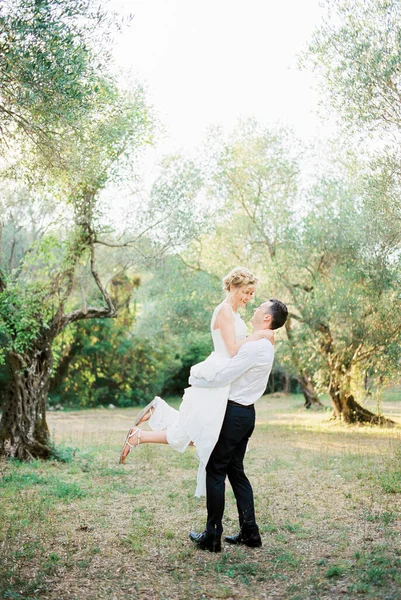 Groom lifts smiling bride in his arms in the olive grove. High quality photo
