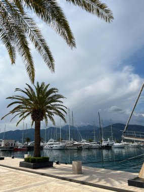 Yachts at the pier against the backdrop of the mountains. Porto, Montenegro. High quality photo